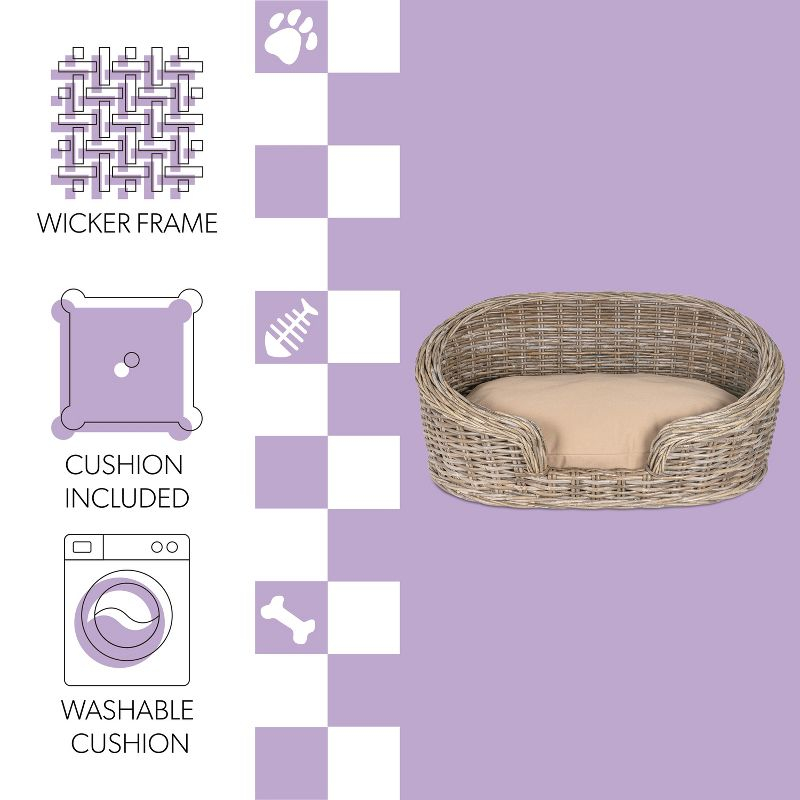 THE LICKER STORE Curvy 33" x 21.25" Classic Handwoven Rattan Dog Bed with Machine-Washable Cushion, Kubu Gray