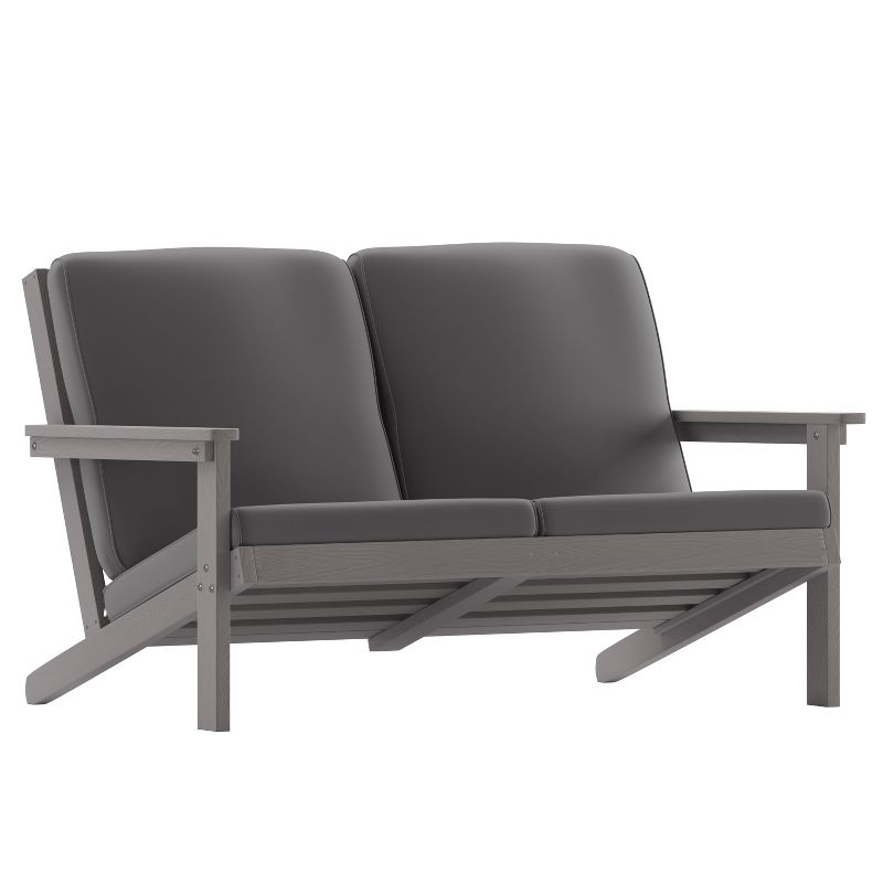 Flash Furniture Charlestown All-Weather Poly Resin Wood Adirondack Style Deep Seat Patio Loveseat with Cushions, Gray/Gray