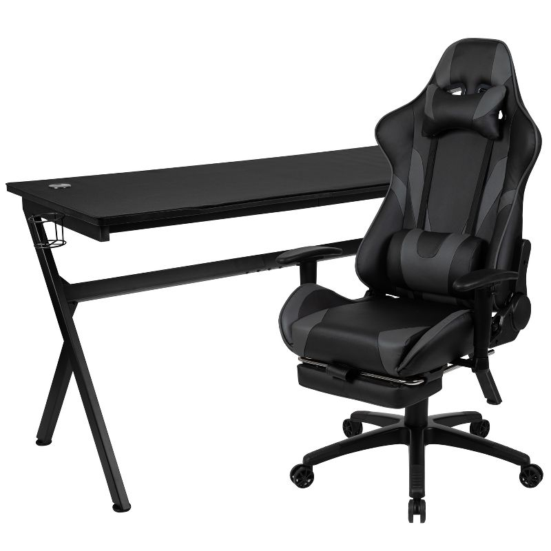 Flash Furniture Gaming Desk and Gray Footrest Reclining Gaming Chair Set - Cup Holder/Headphone Hook/Removable Mouse Pad Top/Wire Management