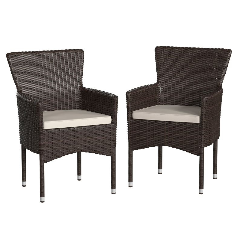 Flash Furniture Maxim Modern Espresso Wicker Patio Armchairs for Deck or Backyard, Fade and Weather-Resistant Frames and Cream Cushions-Set of 2