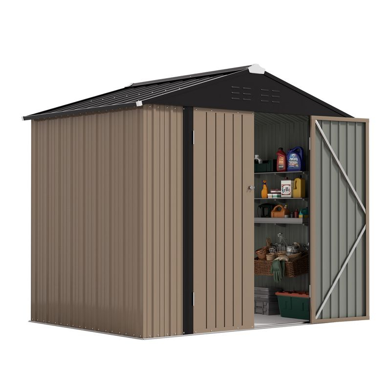 LACOO 8' x 6' Peak-Roof Patio Metal Shed - Brown