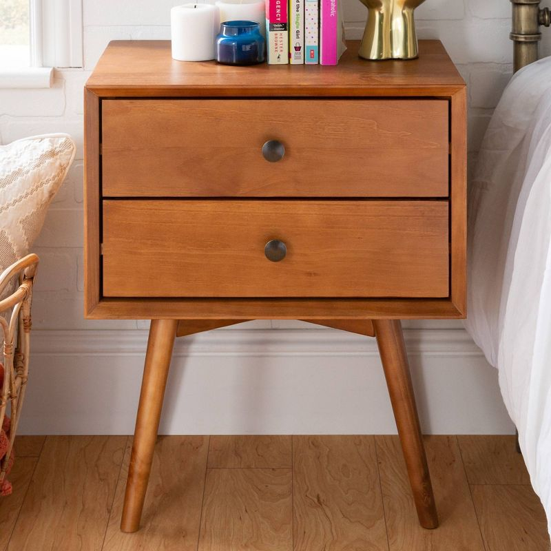 Greenberg 2 Drawer Mid-Century Modern Solid Wood Nightstand Caramel - Saracina Home: Pine, Beveled Edges, Antique-Finish Knobs