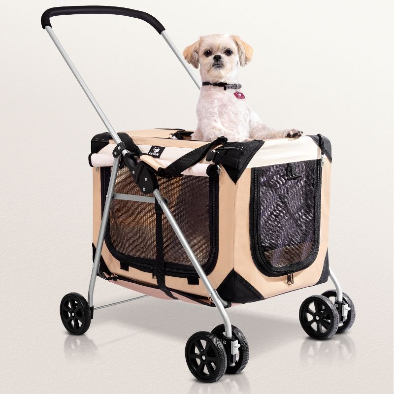 PetLuv Cat & Dog Stroller Foldable w/ Detachable Soft Pet Travel Carrier Fits 2 Cats or Medium Dog & Removable Plush Pillow Privacy Windows Tan