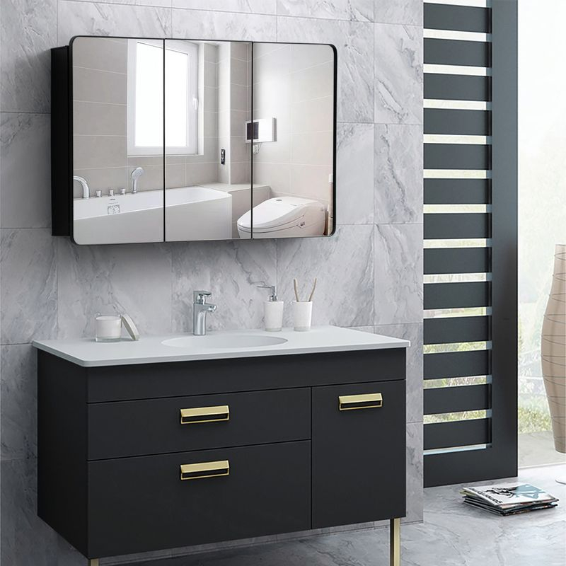 Basicwise 3-Door Aluminum Medicine Cabinet, Round Corner Frame, Surface or Recessed Mount, Mirrored Doors with Adjustable Glass Shelves, Matte Black