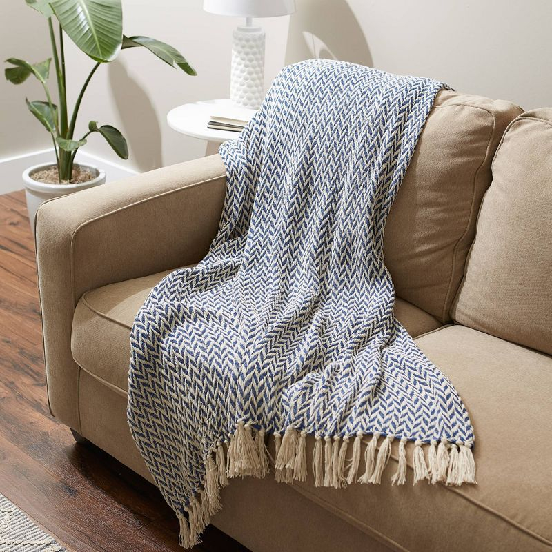 50"x60" Zig-Zag Throw Blanket French Blue - Design Imports: Woven Cotton, Hand-Knotted Fringe