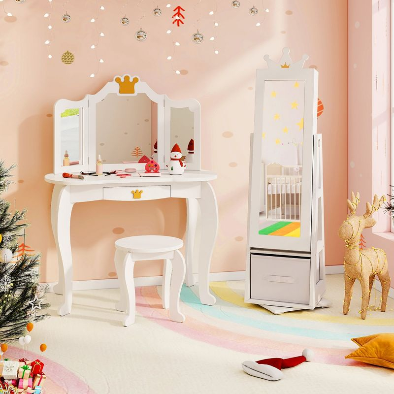 Tangkula Kids Jewelry Cabinet with Full-Length Mirror Drawer 2 Adjustable Tilt Angles White
