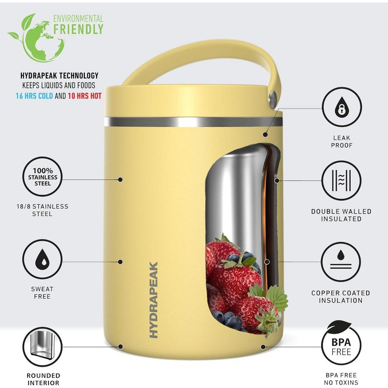 Hydrapeak 32 Oz Stainless Steel Vacuum Insulated Wide Mouth Leak-proof Thermos Food Jar For Hot And Cold, 10 Hours Hot 16 Hours Cold (Canary)