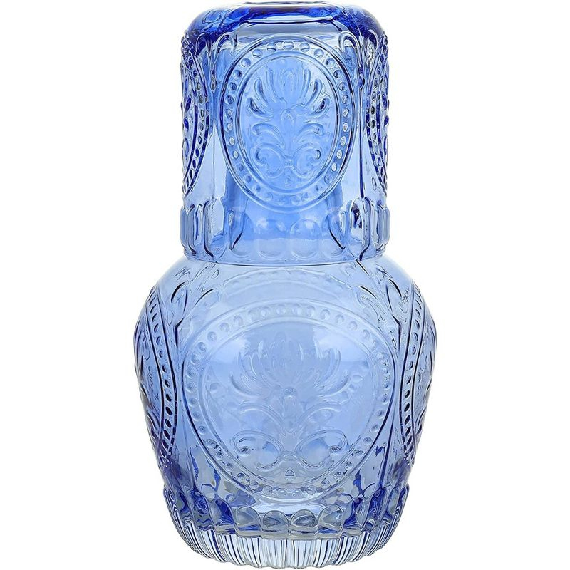 Elle Decor 2-Piece Carafe Set, Bedside Night Water Carafe, Glass Pitcher and Cup that Doubles as a Lid, Perfect for Desktop/Shelf (Blue)