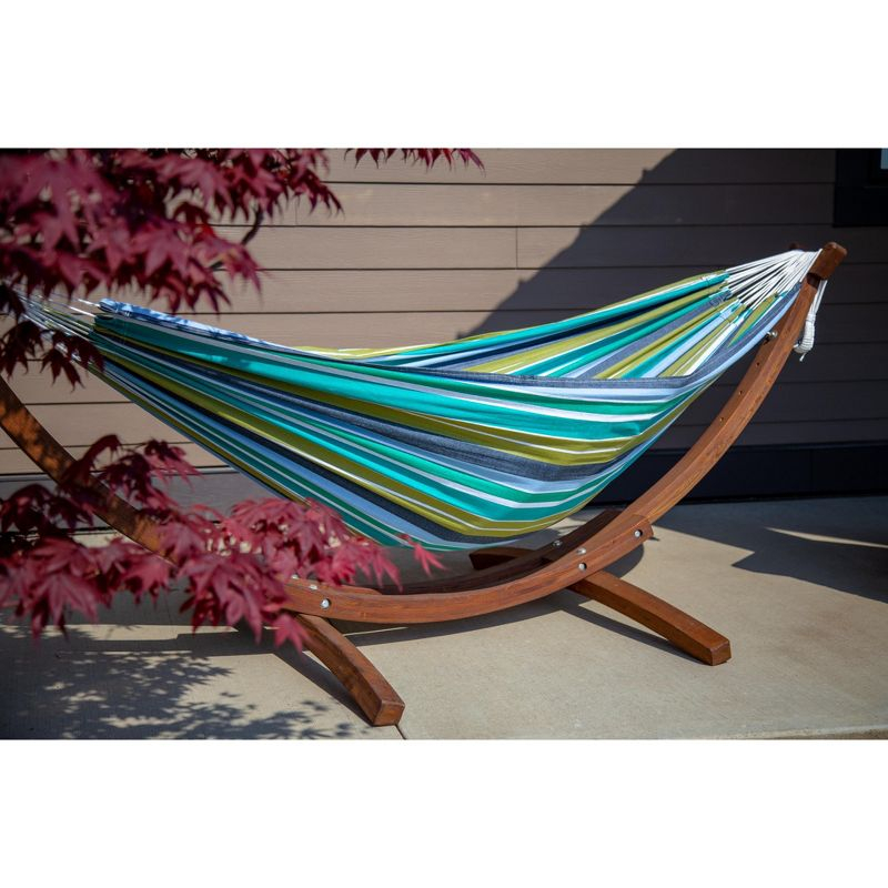 Vivere 8ft Double Cotton Hammock with Solid Pine Arc Stand - Cayo Reef Color