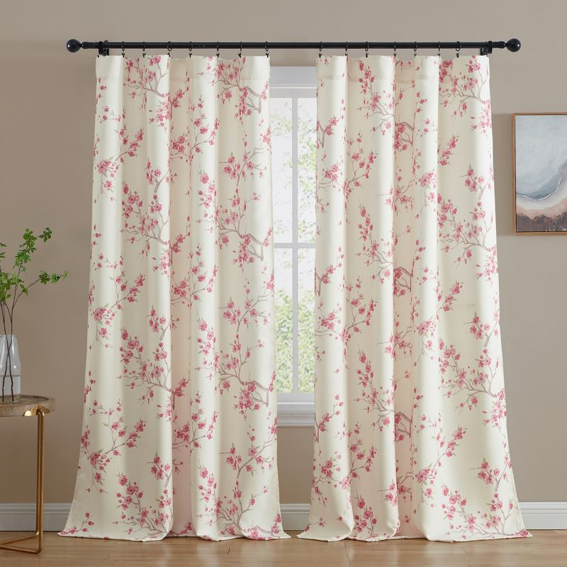 HLC.ME Jasmine Floral Patterned Window Rod Pocket Curtains - Light Blocking Darkening Window Panels, Set of 2 - Pink, 52 W x 96 L