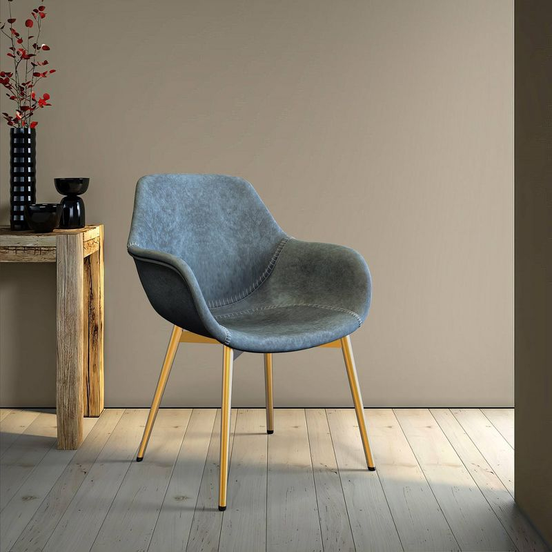 LeisureMod Markley Faux Leather Dining Chair with Arms and Gold Metal Legs, Peacock Blue