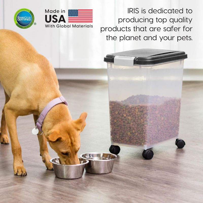 IRIS USA 54 Lbs / 69 Qt WeatherPro Airtight Pet Food Storage Container with Attachable Casters, For Dog Cat Bird and Other Pet Food Storage Bin, Black