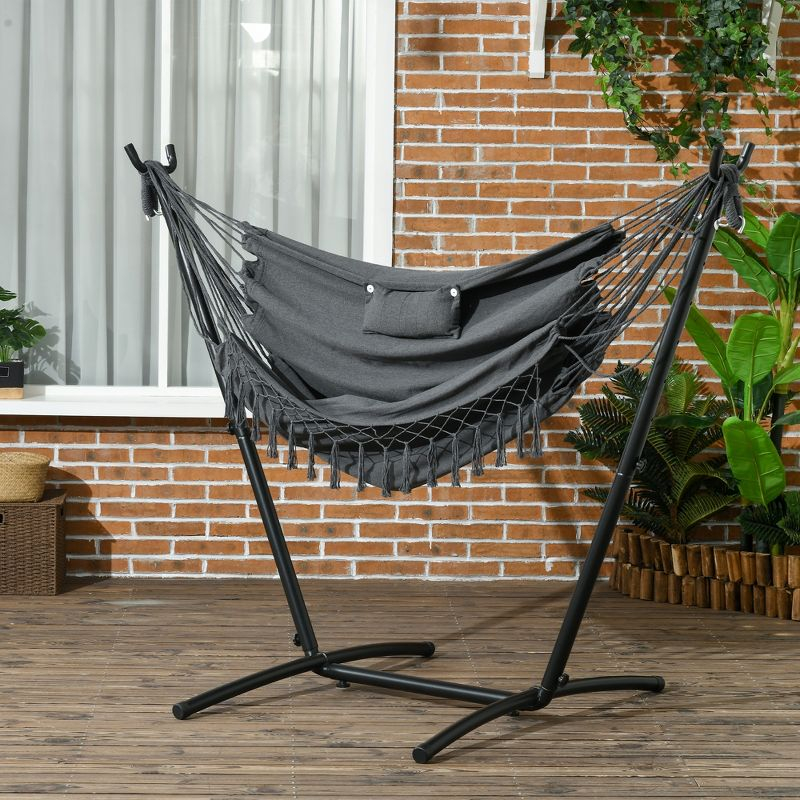 Outsunny U Shape Stand Hammock Chair, Headrest Include Hammock Swing, Dark Gray