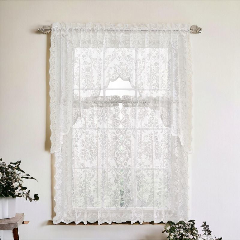 Kate Aurora Shabby Living Lena Floral Lace Complete Kitchen Curtain Tier & Swag Set - 58 in. W x 36 in. L, White