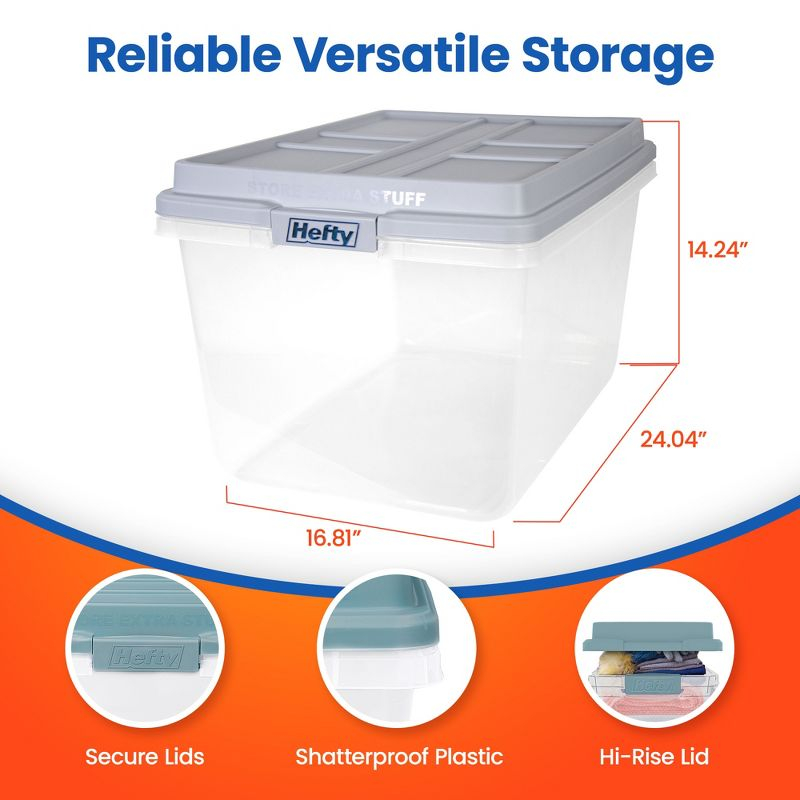 Hefty 72 Quart Hi-Rise Storage Bin with Lid, Stackable Plastic Container Tote for Home, Office, and Classroom Organization, 6 Pack, Quarry Gray