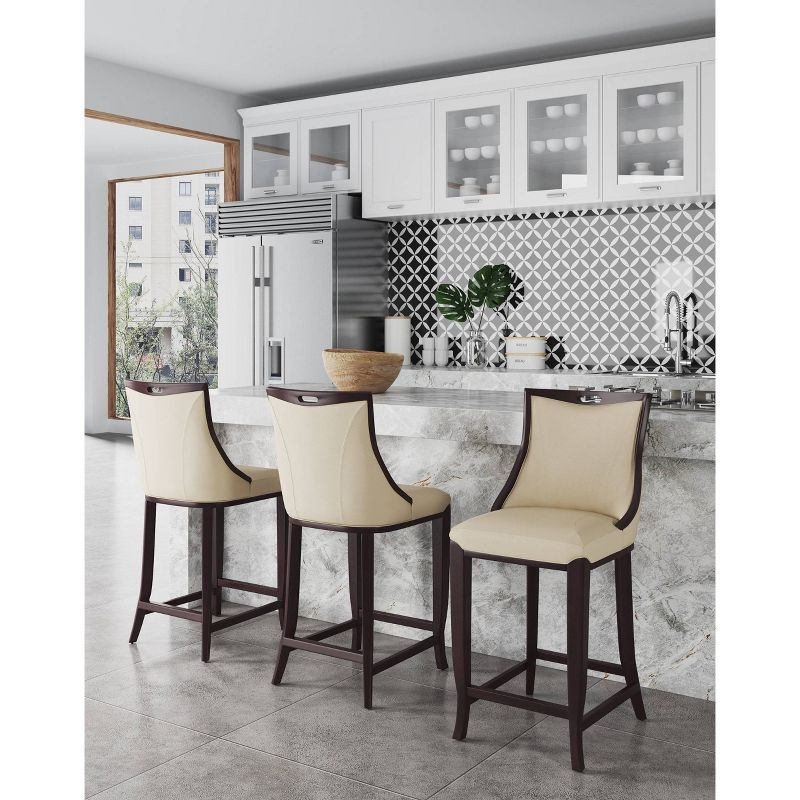 Manhattan Comfort Set of 2 Emperor Upholstered Beech Wood Faux Leather Barstools Cream: With Backs, Fixed Height 27"