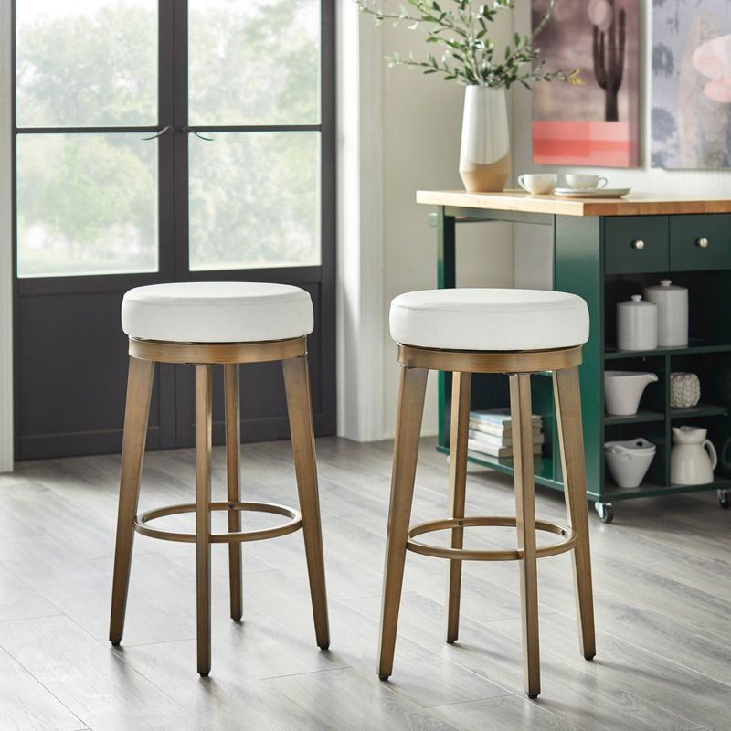 angelo:HOME 2Pc 30.5" Linden Swivel Counter Height Barstools White/Gold: Bonded Leather, Metal Frame, Fixed Seat