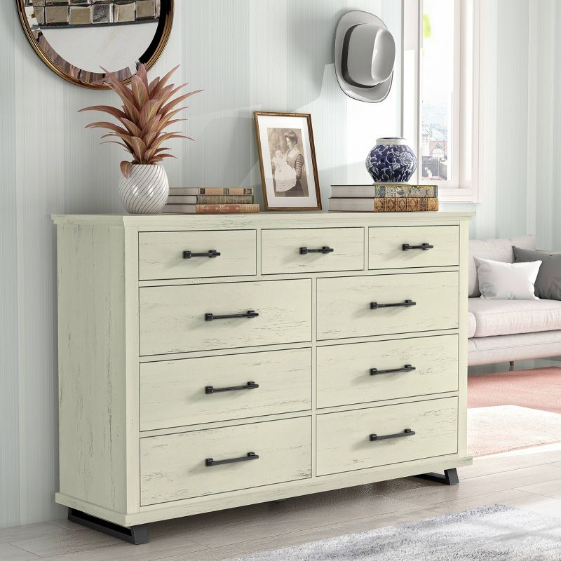 64" Dresser with 9 Drawers Cut Off-White - Festivo: Modern Farmhouse Style, Iron Leg Support, MDF Construction