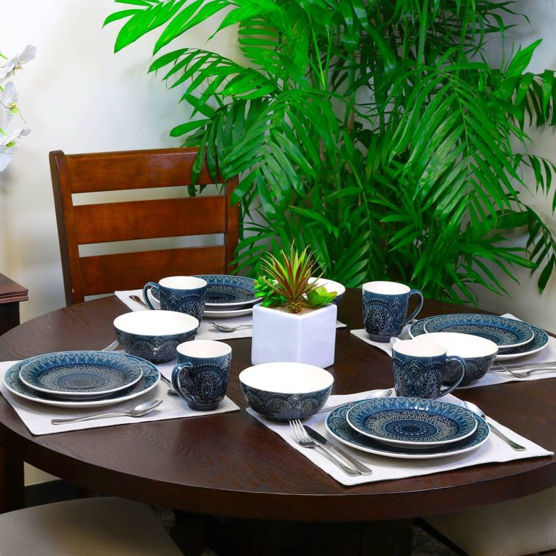 16pc Stoneware Mandala Embossed Dinnerware Set Blue - Elama: Classic Lace Pattern, Service for 4, Microwave & Dishwasher Safe