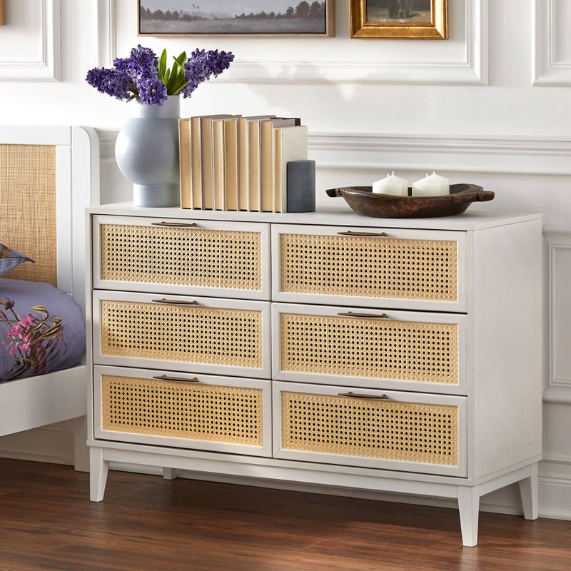 Andros 6 Drawer Dresser with Faux Cane Drawer Fronts White/Natural - Buylateral: Elegant Storage Solution for Any Room