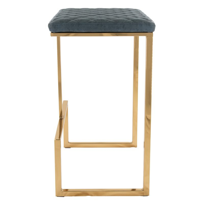 LeisureMod Quincy Modern Quilted Leather Bar Stool – Gold Metal Sled Base Counter Height Chair for Kitchen Island and Counter Seating - Set of 2