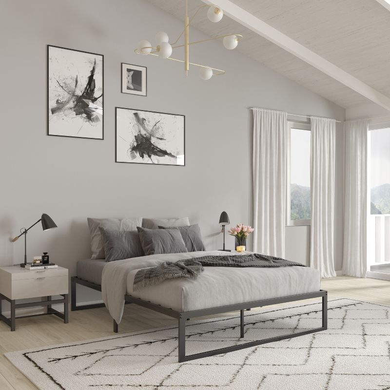 Merrick Lane Queen Size 14 Inch Black Steel Bed Frame With Steel Slat Support For Any Mattress (No Box Spring Required)