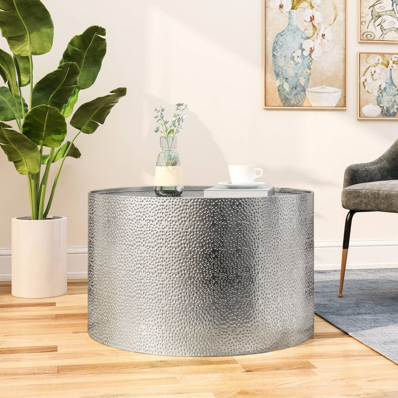 Braeburn Modern Round Coffee Table Silver - Christopher Knight Home: Hammered Texture, Iron Frame, No Assembly Required