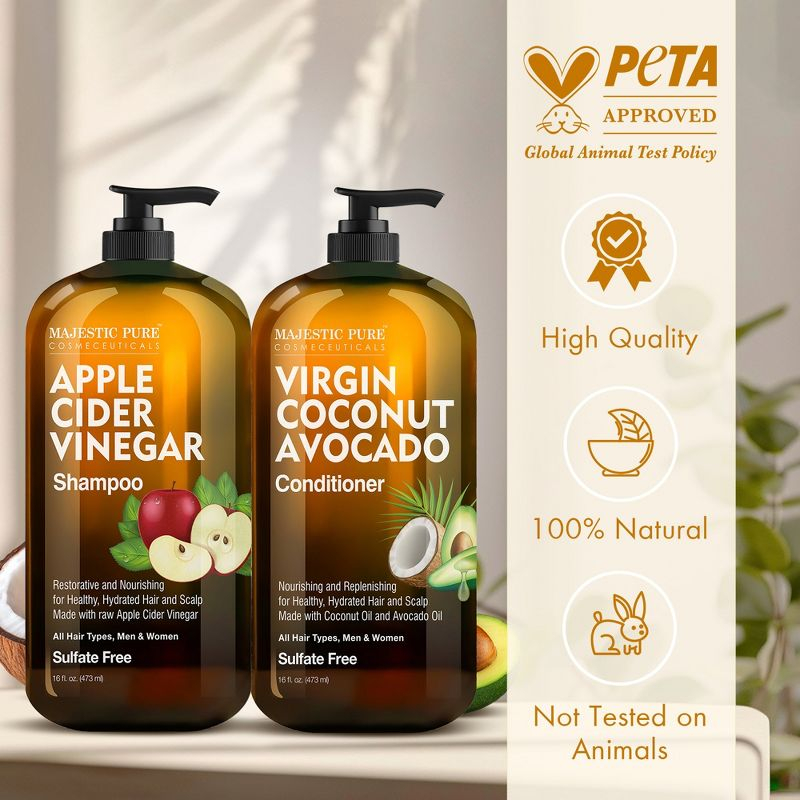 Majestic Pure Apple Cider Vinegar Shampoo & Avocado Coconut Conditioner Set - 16 Fl Oz Each