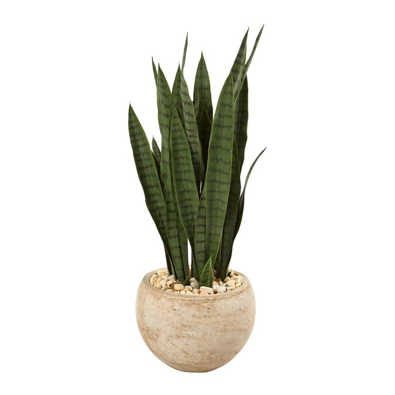 Primrue 32'' Faux Snake Plant (Sansevieria) Plant in Fiber Clay Planter