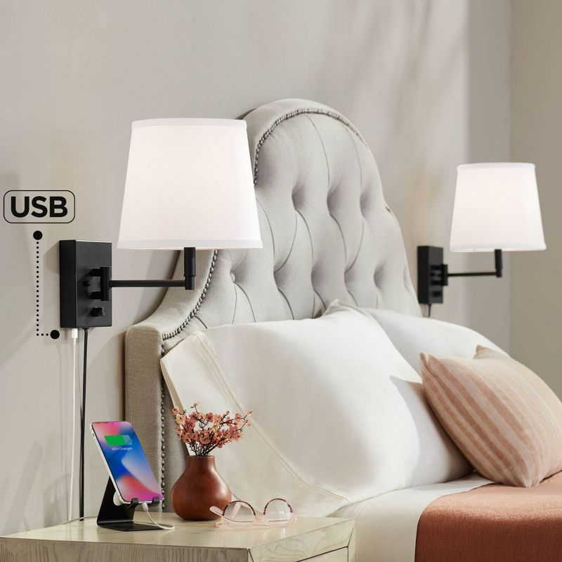 360 Lighting Lanett Modern Swing Arm Wall Lamps Set of 2 Black Plug-in Light Fixture with USB Charging Port White Lamp Shade for Bedroom Living Room
