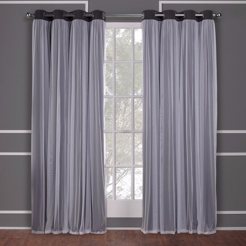 Set of 2 (108"x52") Caterina Layered Solid Blackout with sheer top Curtain Panels Black Pearl - Exclusive Home