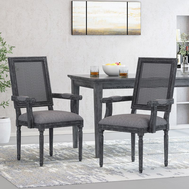GDFStudio Zentner French Country Upholstered Wood and Cane Upholstered Dining Chairs (Set of 2), Gray