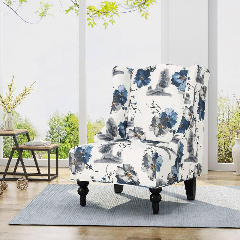 Toddman High-Back Club Chair Floral Print Blue - Christopher Knight Home: Upholstered, Birch Wood Legs