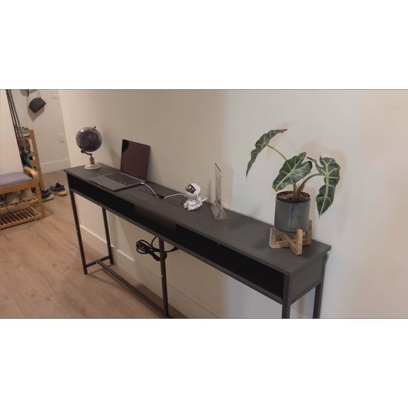 VASAGLE Narrow Console Table 70.9" with 2 Outlet and 2 USB Ports Sofa Table with Charging Station Long Entryway Table Rustic Brown and Black