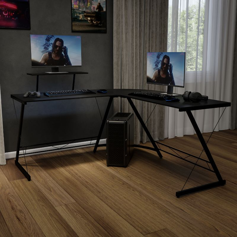 Flash Furniture L-Shaped Desk 71.5" Computer Corner Desk, Home Office Corner Desk, Gaming Desk, Space Saving, Easy to Assemble, Black/Black
