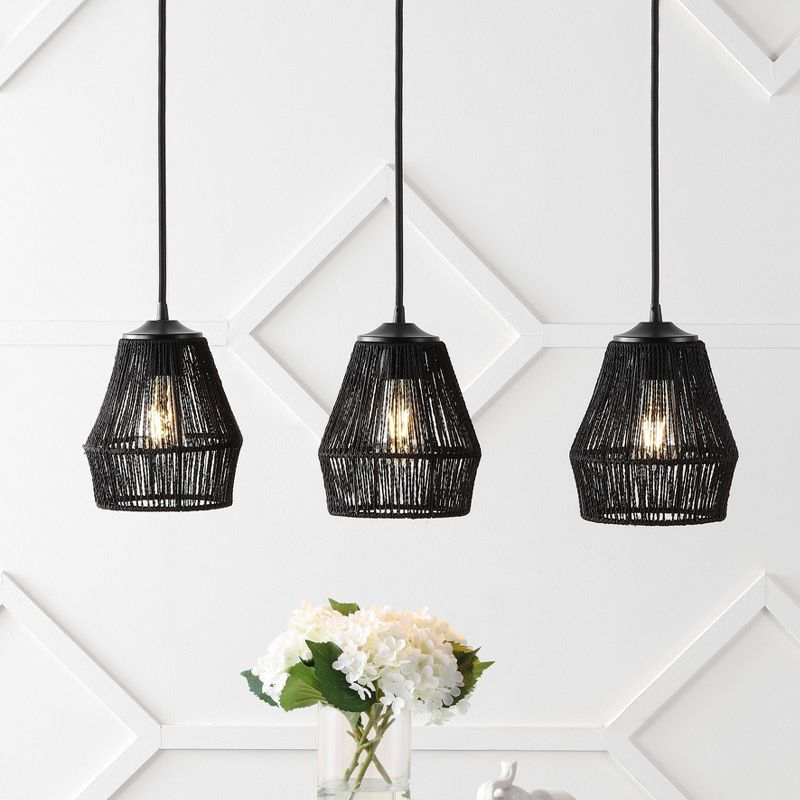 30" 3-Light Ibiza Island Woven Rope/Metal Bohemian Coastal Linear Pendant (Includes LED Light Bulb) Black - JONATHAN Y
