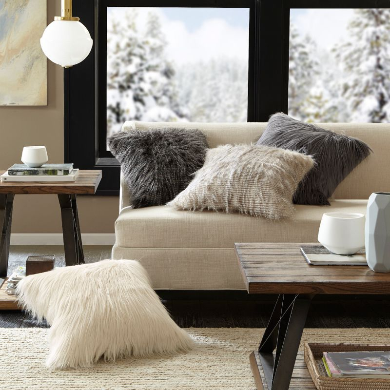 Madison Park 20"x20" Oversize Adelaide Faux Fur Square Throw Pillow Black: Luxury Texture, Mink Reverse, Zipper Closure
