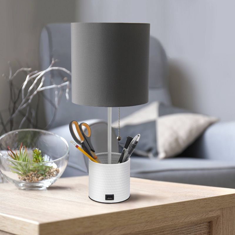 Hammered Metal Organizer Table Lamp with USB Port & Pull Chain - Simple Designs: ETL Listed, No Assembly Required