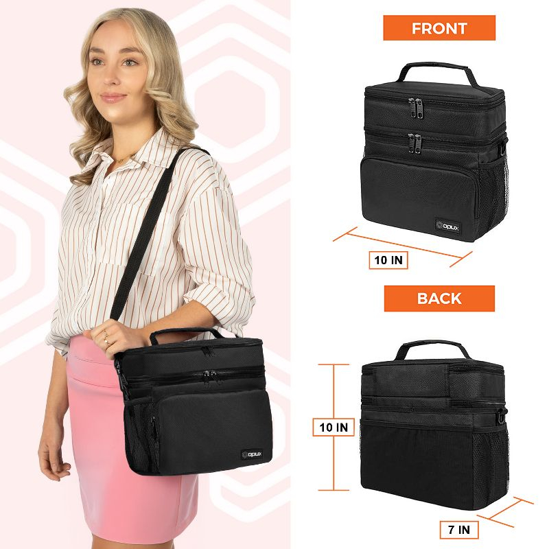 OPUX Insulated Lunch Box Men Women, Large Soft Cooler Bag Work School Picnic, Leakproof Tote Shoulder Strap Kid Adult (Black, Double Deck)
