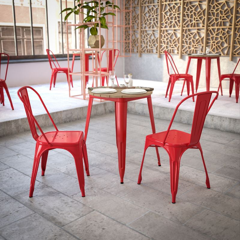 Flash Furniture Declan Commercial Grade Indoor/Outdoor Dining Table, 23.75" Round All Weather Brown Poly Resin Top with Red Steel Base