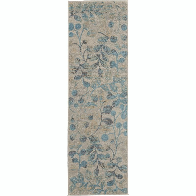 Nourison Tranquil 2'3" X 7'3" (7' Runner) Ivory/Turquoise Area Rug Contemporary Botanical Vine and Bloom by Nourison