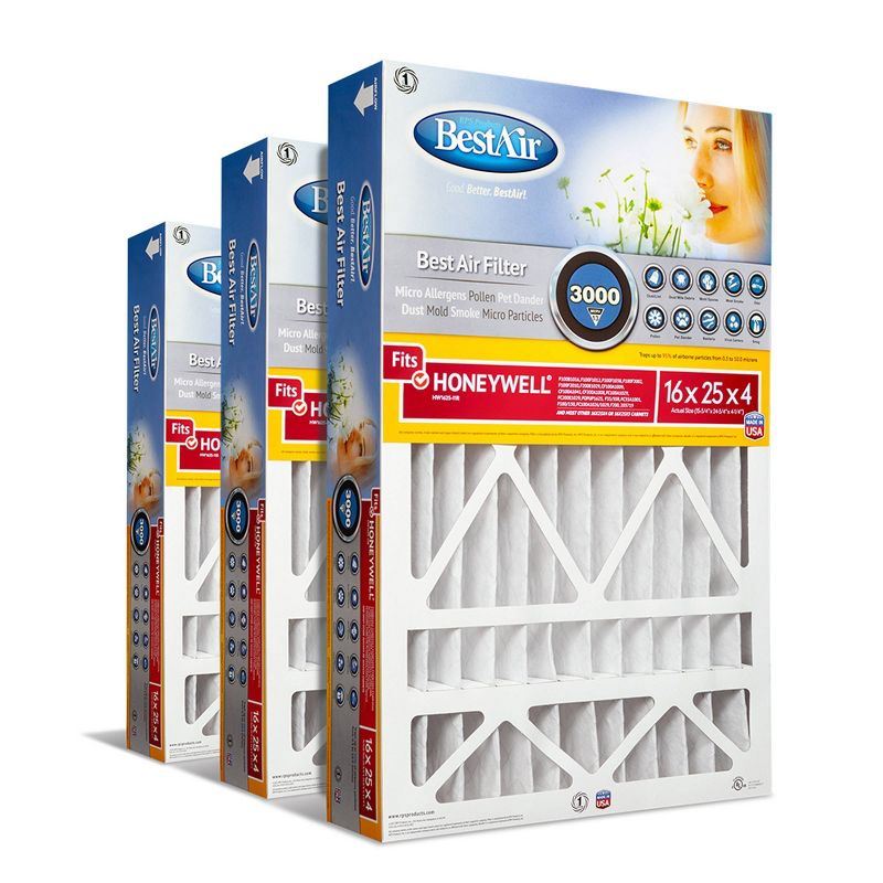 BestAir 3pk 16" x 25" x 4" Honeywell Replacement Air Furnace Filter MERV 13: 4 Inch Electrostatic, EPA Certified