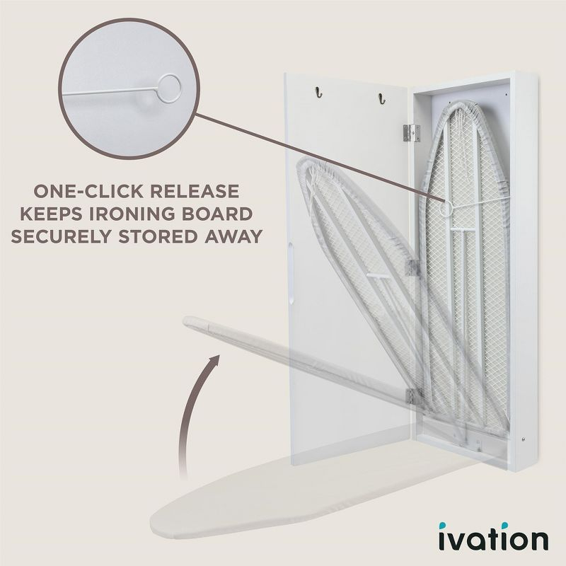 Ivation Ironing Board, Wall Mounted Ironing Board Cabinet W/Left Side Door, Mirror & Lever, White