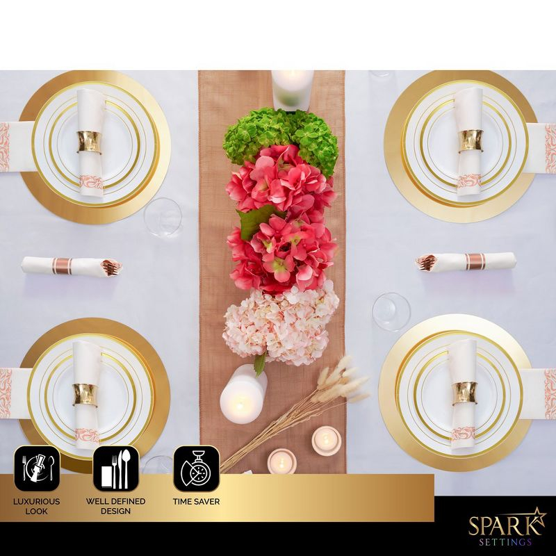 SparkSettings Rose Gold Plastic Silverware, 50 Pre Rolled Napkin and Cutlery Set