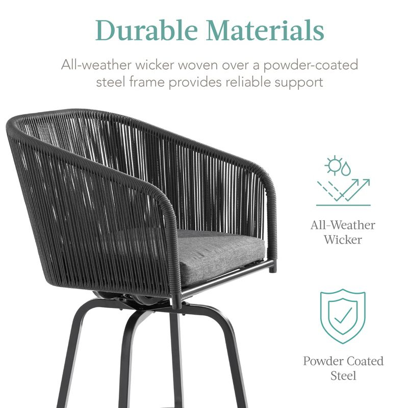 Best Choice Products Set of 2 Woven Wicker Swivel Barstools, Patio Bar Height Chairs w/ 360 Rotation - Black/Gray