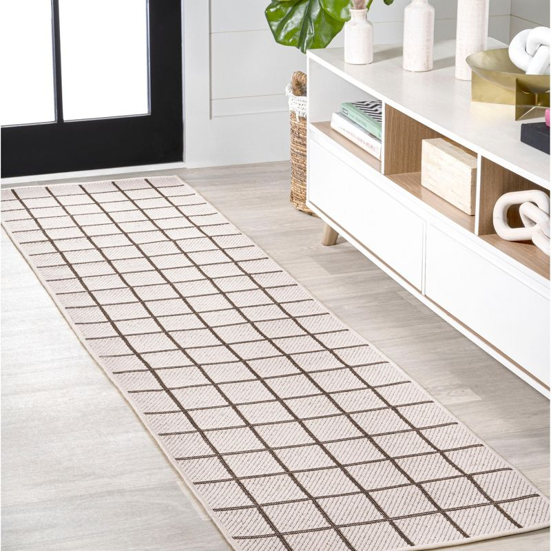 2' x 8' Grid Modern Squares Indoor/Outdoor Runner Rug, Cream/Black - JONATHAN Y