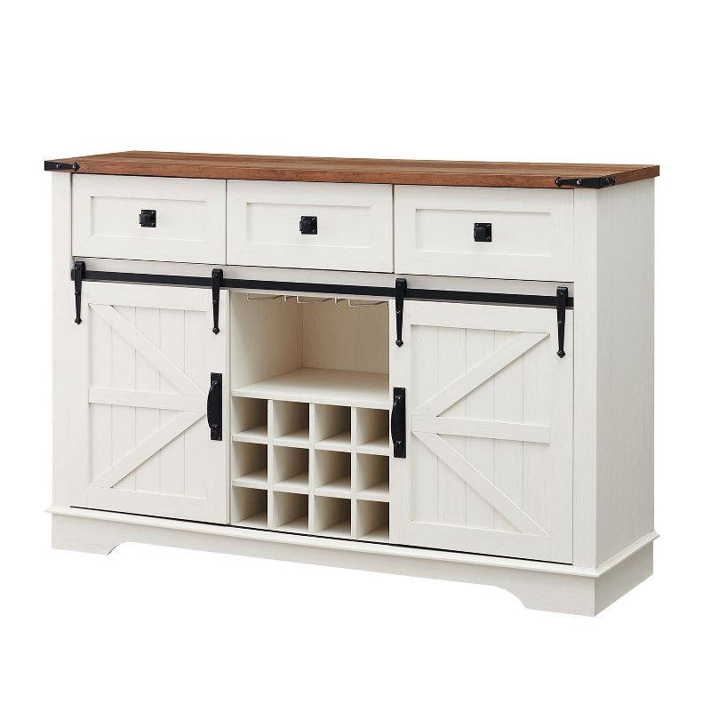 SinCiDo 54" Wine Bar Cabinet w/Sliding Barn Door, Kitchen Coffee Bar Cabinet w/Wine & Glass Rack, 3 Drawers, Large Buffet Sideboard, Light Rustic Oak
