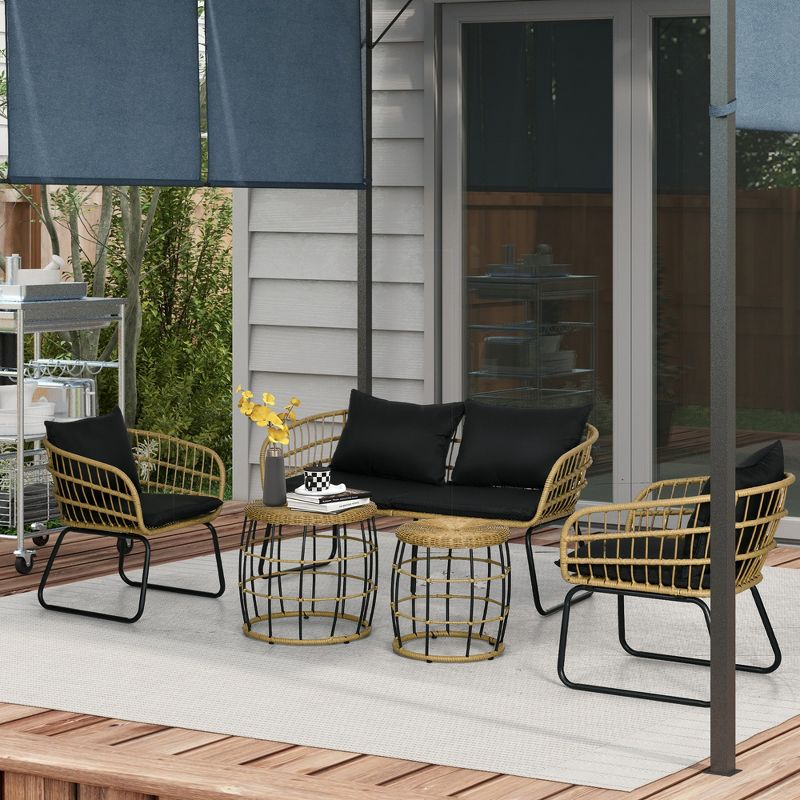 Outsunny 5 Piece PE Rattan Outdoor Furniture Set with Cushioned Chairs, Loveseat Sofa & Stackable Coffee Tables, Black
