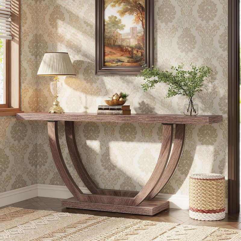Tribesigns 63 Inches Farmhouse Wood Console Table for Entryway, Narrow Long Foyer Sofa Table with Geometric Legs for Hallway, Entrance, Brown