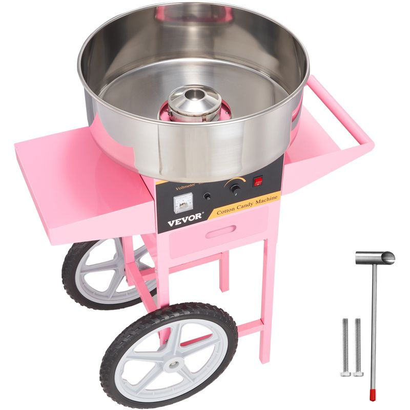 VEVOR Electric Cotton Candy Machine with Cart, 1000W Commercial Floss Maker with Stainless Steel Bowl, Sugar Scoop and Drawer, Pink
